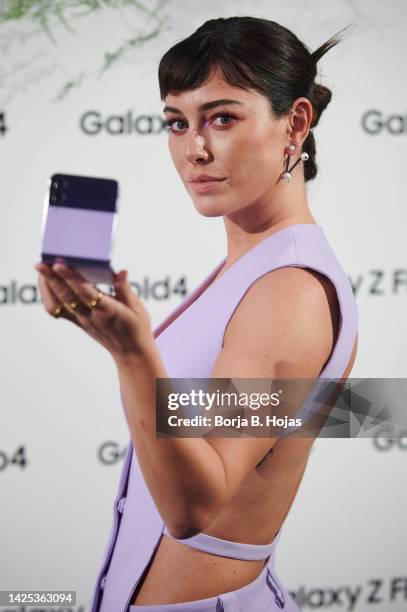 Spanish actress Blanca Suarez poses to photographer during the presentation of new Samsung Mobile on September 19, 2022 in Madrid, Spain.