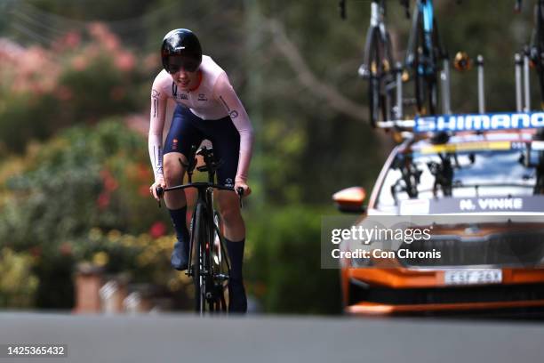 Nienke Vinke of The Netherlands sprints during the 95th UCI Road World Championships 2022 - Women Junior Individual Time Trial a 14,1km race from...
