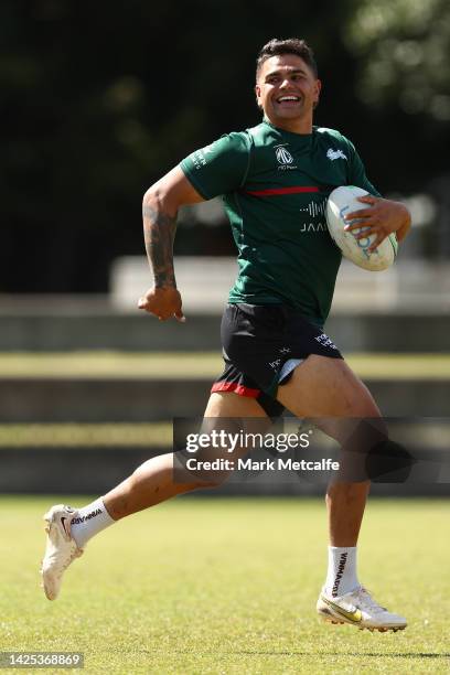 Latrell Mitchell runs during a South Sydney Rabbitohs NRL training session at Redfern Oval on September 20, 2022 in Sydney, Australia.