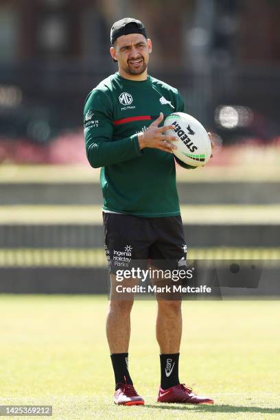 Cody Walker looks on during a South Sydney Rabbitohs NRL training session at Redfern Oval on September 20, 2022 in Sydney, Australia.