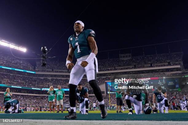 Jalen Hurts of the Philadelphia Eagles reacts before the game against the Minnesota Vikings at Lincoln Financial Field on September 19, 2022 in...