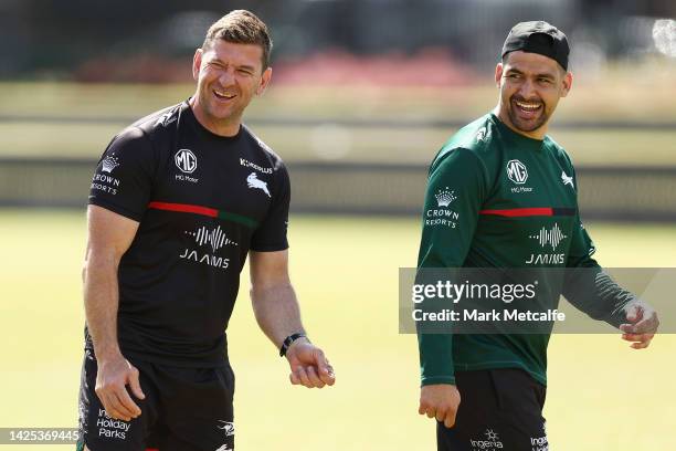 Rabbitohs head coach Jason Demetriou talks to Cody Walker during a South Sydney Rabbitohs NRL training session at Redfern Oval on September 20, 2022...