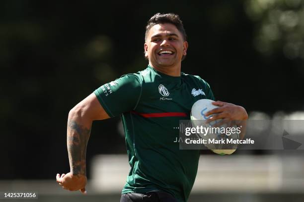 Latrell Mitchell runs during a South Sydney Rabbitohs NRL training session at Redfern Oval on September 20, 2022 in Sydney, Australia.