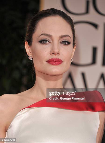 Angelina Jolie arrive at the 69th Annual Golden Globe Awards at The Beverly Hilton hotel on January 15, 2012 in Beverly Hills, California.