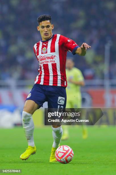 Jesus Orozco of Chivas controls the ball during the 15th round match between America and Chivas as part of the Torneo Apertura 2022 Liga MX at Azteca...