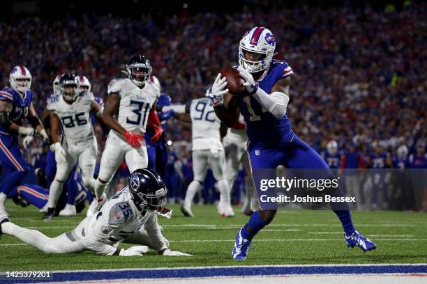 Stefon Diggs of the Buffalo Bills scores his third touchdown of the night against the Tennessee Titans during the third quarter of the game at...