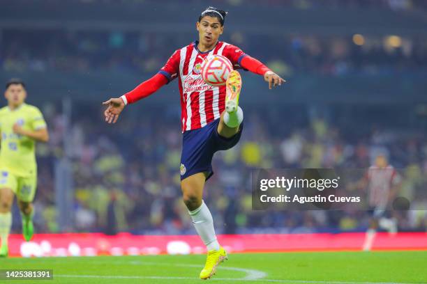 Angel Zaldivar of Chivas controls the ball during the 15th round match between America and Chivas as part of the Torneo Apertura 2022 Liga MX at...