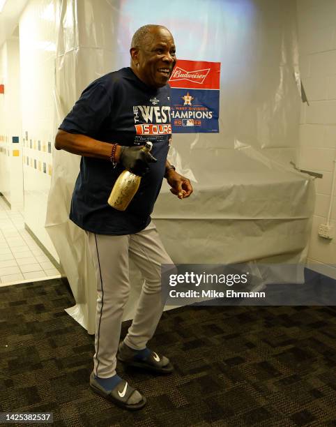 Manager Dusty Baker Jr. #12 of the Houston Astros celebrates winning the American League West Division following a game against the Tampa Bay Rays at...