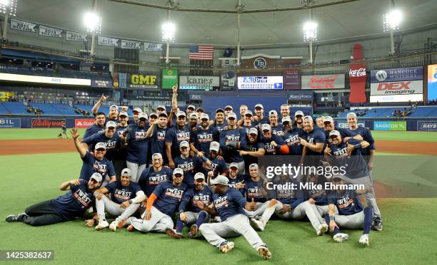 The Houston Astros celebrates winning the American League West Division following a game against the Tampa Bay Rays at Tropicana Field on September...