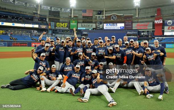 The Houston Astros celebrates winning the American League West Division following a game against the Tampa Bay Rays at Tropicana Field on September...