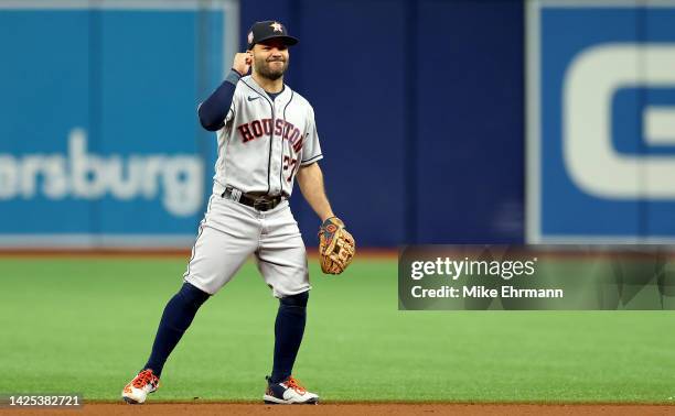 Jose Altuve of the Houston Astros celebrates winning the American League West Division following a game against the Tampa Bay Rays at Tropicana Field...