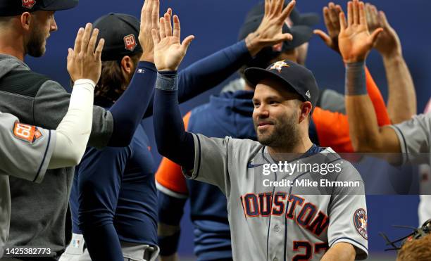 Jose Altuve of the Houston Astros celebrates winning the American League West Division following a game against the Tampa Bay Rays at Tropicana Field...