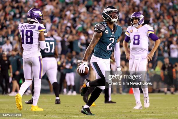 Darius Slay of the Philadelphia Eagles celebrates after his interception during the third quarter against the Minnesota Vikings at Lincoln Financial...