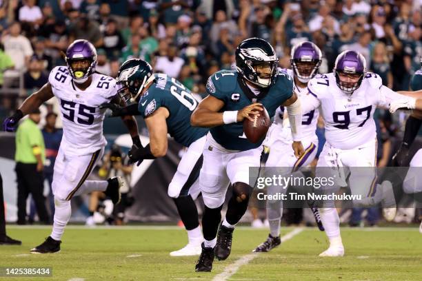 Jalen Hurts of the Philadelphia Eagles carries the ball during the third quarter against the Minnesota Vikings at Lincoln Financial Field on...