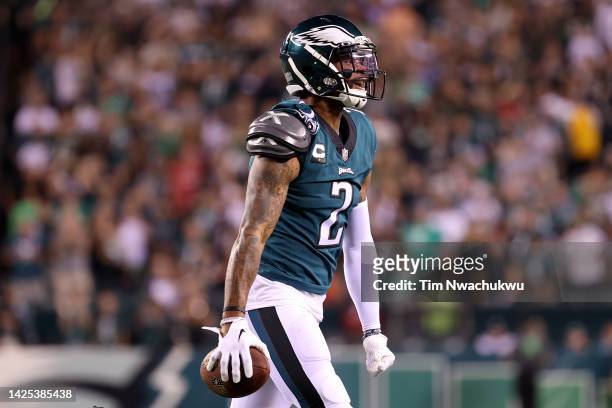 Darius Slay of the Philadelphia Eagles celebrates after his interception during the third quarter against the Minnesota Vikings at Lincoln Financial...