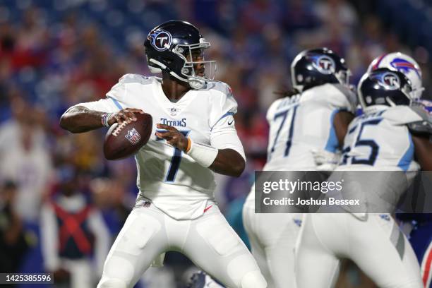 Malik Willis of the Tennessee Titans looks to pass against the Buffalo Bills during the fourth quarter of the game at Highmark Stadium on September...