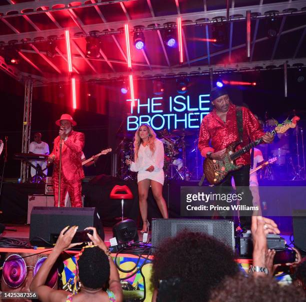 Ronald Isley, Kandy Johnson Isley and Ernie Isley perform during Luv Me Some U Festival at 787 Windsor on September 17, 2022 in Atlanta, Georgia.