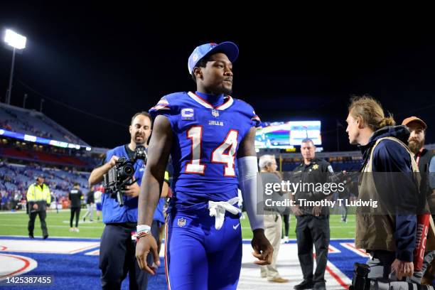 Stefon Diggs of the Buffalo Bills walks off the field after defeating the Tennessee Titans in the game at Highmark Stadium on September 19, 2022 in...