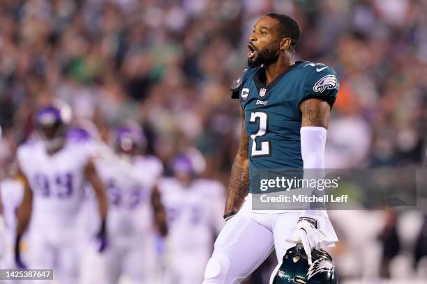 Darius Slay of the Philadelphia Eagles reacts after an interception during the third quarter against the Minnesota Vikings at Lincoln Financial Field...