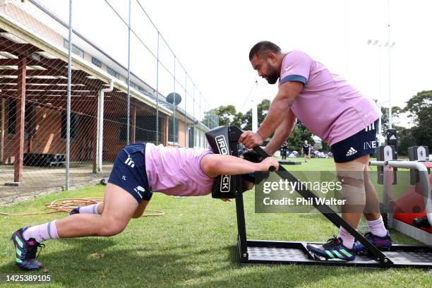 Tyrel Lomax and Nepo Laulala of the All Blacks during a New Zealand All Blacks training session at Mt Smart Stadium on September 20, 2022 in...