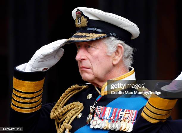 King Charles III attends the Committal Service for Queen Elizabeth II at St George's Chapel, Windsor Castle on September 19, 2022 in Windsor,...