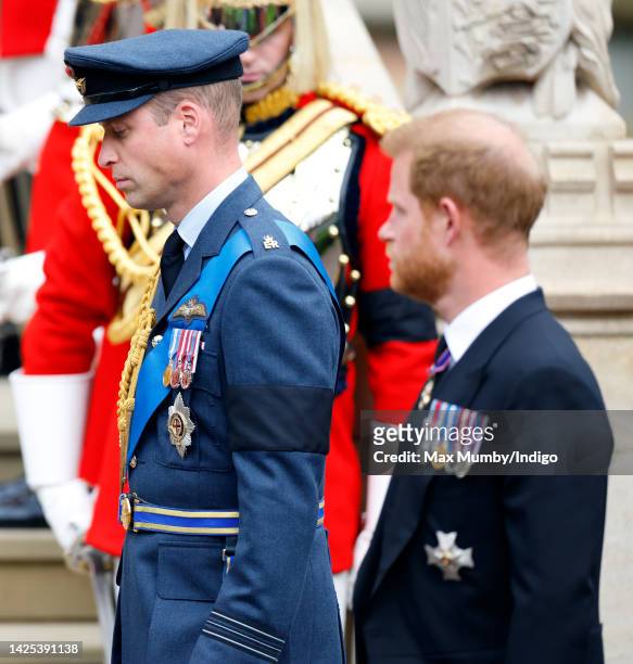 Prince William, Prince of Wales and Prince Harry, Duke of Sussex attend the Committal Service for Queen Elizabeth II at St George's Chapel, Windsor...