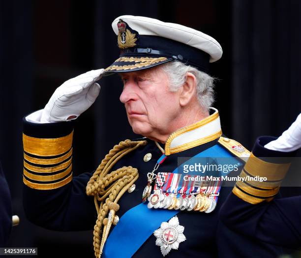 King Charles III attends the Committal Service for Queen Elizabeth II at St George's Chapel, Windsor Castle on September 19, 2022 in Windsor,...