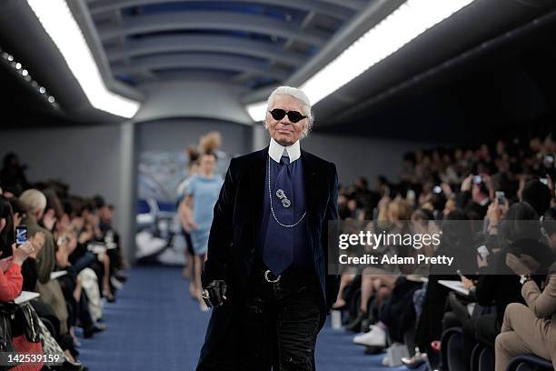 Designer Karl Lagerfeld walks on the runway during the Chanel 2012 Spring/Summer Haute Couture Collection Show at Shinjuku Gyoen Park on March 22,...