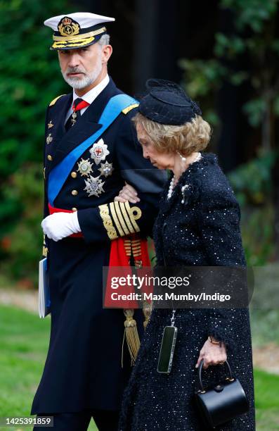 King Felipe VI of Spain and Queen Sofia of Spain attend the Committal Service for Queen Elizabeth II at St George's Chapel, Windsor Castle on...