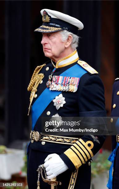 King Charles III attends the Committal Service for Queen Elizabeth II at St George's Chapel, Windsor Castle on September 19, 2022 in Windsor,...