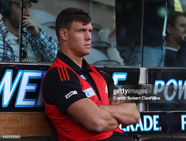 David Hille of the Bombers sits on the bench after he was injured during the round two AFL match between the Essendon Bombers and Port Adelaide Power...