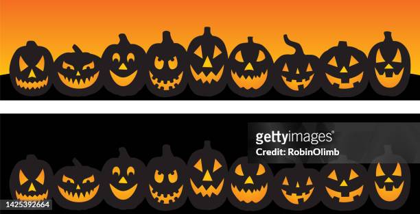 rows of jakck-o-lanterns - pumpkins in a row stock illustrations