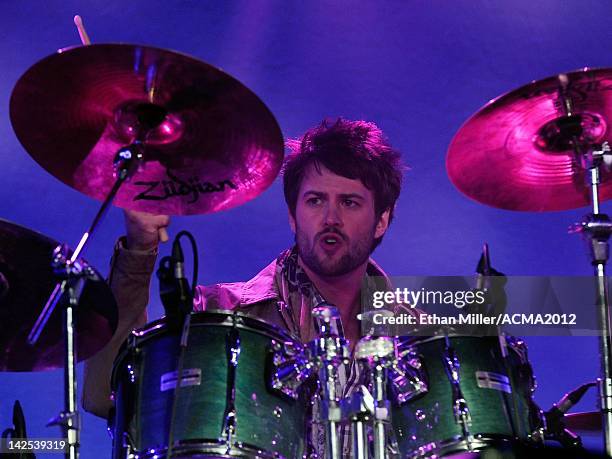 Drummer Chris Thompson of the Eli Young Band performs during the Academy of Country Music Awards All-Star Jam at the MGM Grand Hotel/Casino on April...