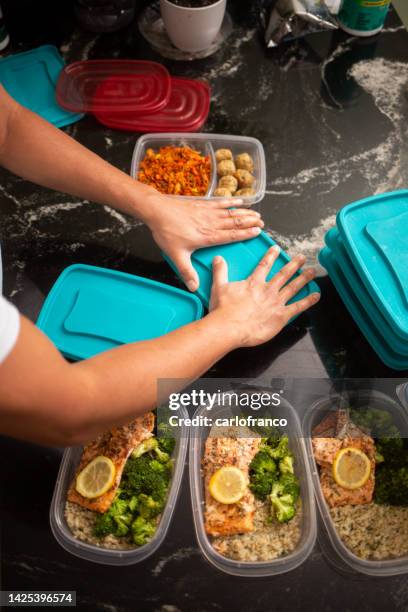 meal prep containers salmon and meat balls - making lunch stock pictures, royalty-free photos & images