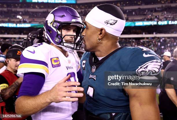 Kirk Cousins of the Minnesota Vikings and Jalen Hurts of the Philadelphia Eagles greet one another after their game at Lincoln Financial Field on...