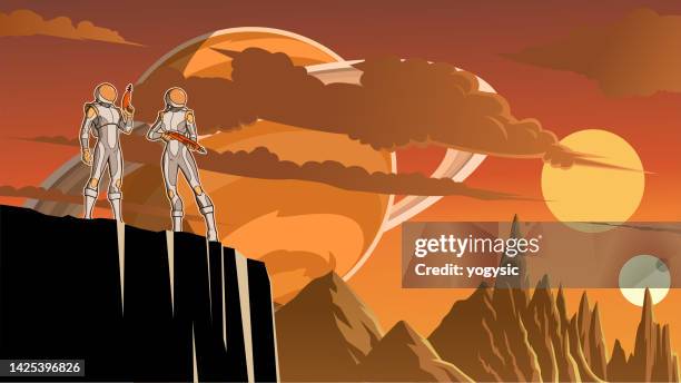 vector sci-fi astronaut holding guns on distant planet stock illustration - us marine corps 幅插畫檔、美工圖案、卡通及圖標