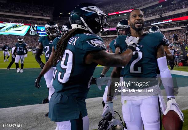 Avonte Maddox celebrates with Darius Slay of the Philadelphia Eagles after Slay's interception during the fourth quarter against the Minnesota...
