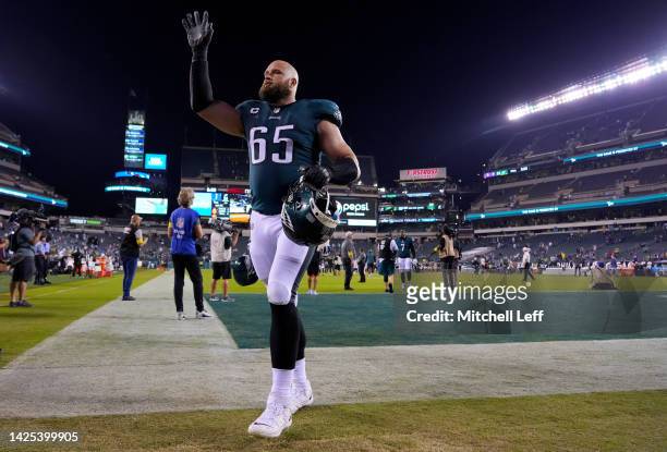 Lane Johnson of the Philadelphia Eagles reacts after beating the Minnesota Vikings 24-7 at Lincoln Financial Field on September 19, 2022 in...