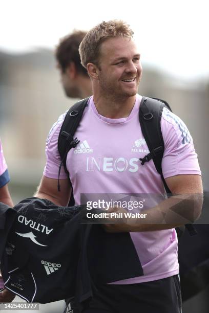 Sam Cane of the All Blacks looks during a New Zealand All Blacks training session at Mt Smart Stadium on September 20, 2022 in Auckland, New Zealand.