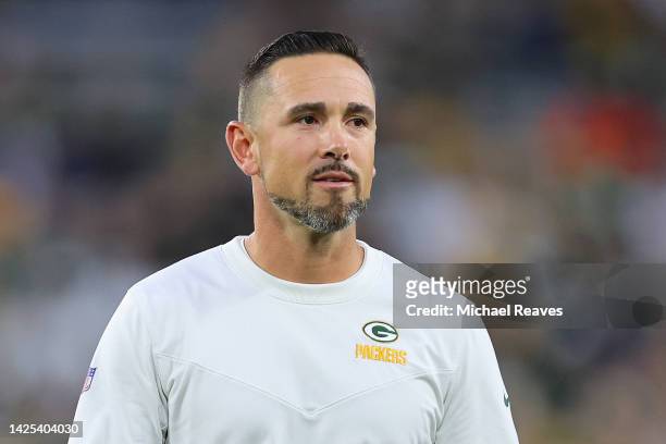 Head coach Matt LaFleur of the Green Bay Packers looks on prior to the game against the Chicago Bears at Lambeau Field on September 18, 2022 in Green...
