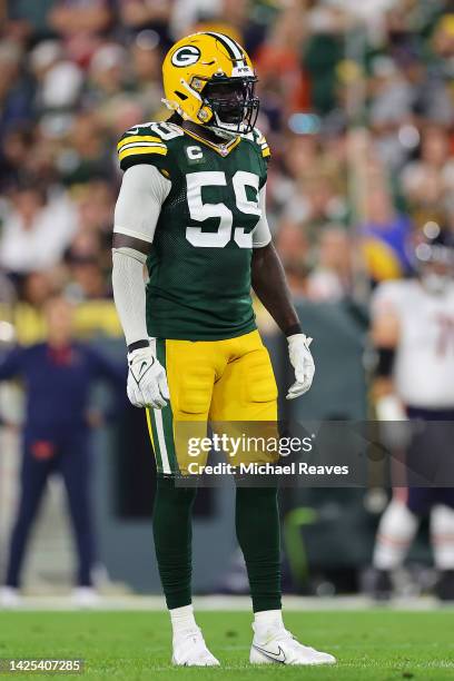 De'Vondre Campbell of the Green Bay Packers looks on against the Chicago Bears at Lambeau Field on September 18, 2022 in Green Bay, Wisconsin.