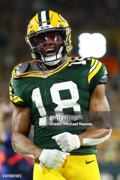 Randall Cobb of the Green Bay Packers celebrates a reception against the Chicago Bears at Lambeau Field on September 18, 2022 in Green Bay, Wisconsin.