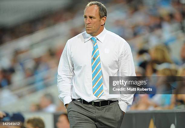 Titans coach, John Cartwright watches on during the round six NRL match between the Gold Coast Titans and the Sydney Roosters at Skilled Park on...