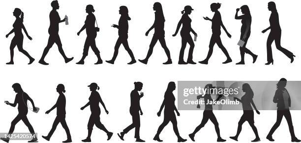 women walking silhouettes - woman walking side view stock illustrations