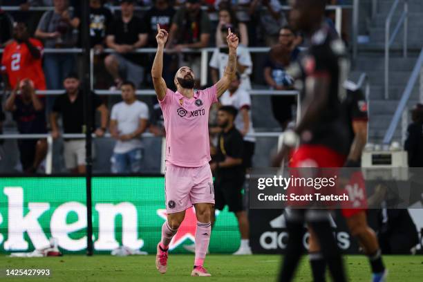 Gonzalo Higuaín of Inter Miami celebrates after scoring the game wining goal against D.C. United during the second half of the MLS game at Audi Field...