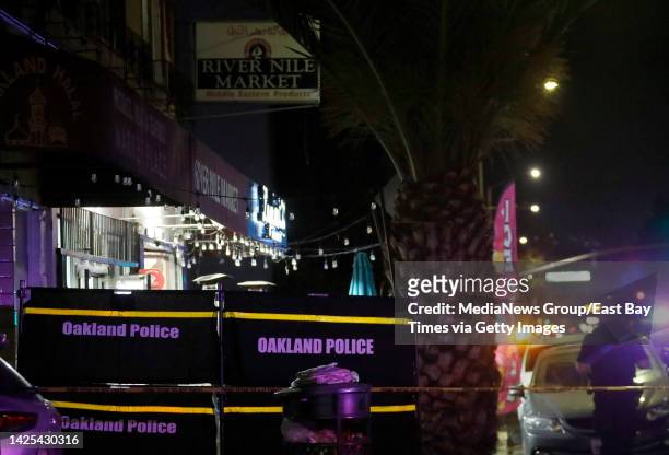 Oakland police investigate a triple shooting in the 3100 block of Telegraph Avenue in Oakland, Calif., on Monday, Sept.19, 2022. Two of the victims...
