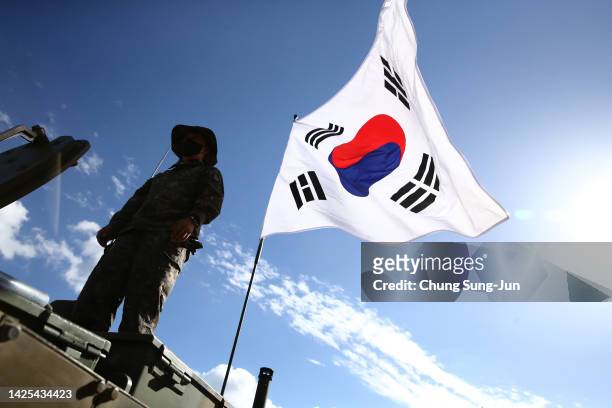 South Korean military soldiers take part live fire drills as a part of DX Korea 2022 - Defense and Security Expo Korea, on September 20, 2022 in...