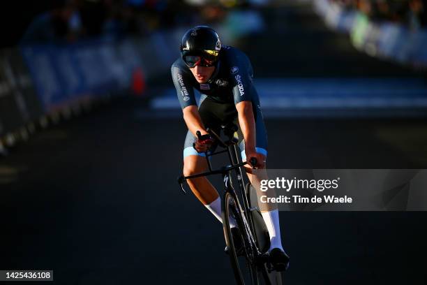 Mathieu Kockelmann of Luxembourg crosses the finishing line during the 95th UCI Road World Championships 2022 - Men Junior Individual Time Trial a...