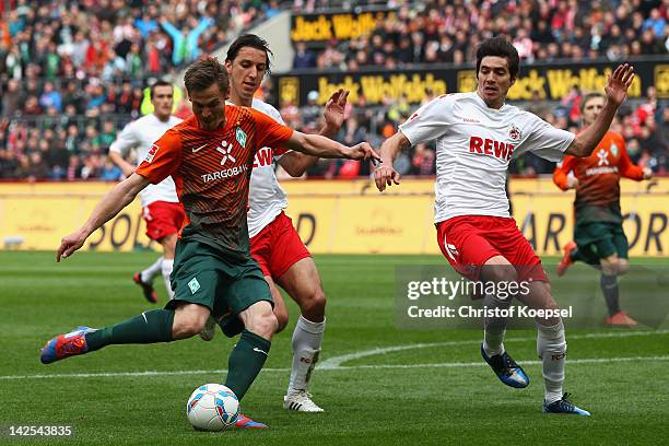 Markus Rosenberg of Bremen scores the first goal against Pedro Geromel and Henrique Sereno of Koeln during the Bundesliga match between 1. FC Koeln...