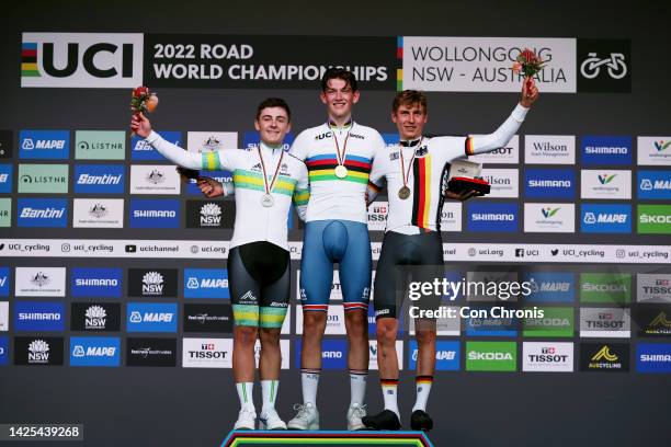 Silver medalists Hamish Mckenzie of Australia, gold medalists Joshua Tarling of United Kingdom, and bronze medalists Emil Herzog of Germany, pose on...